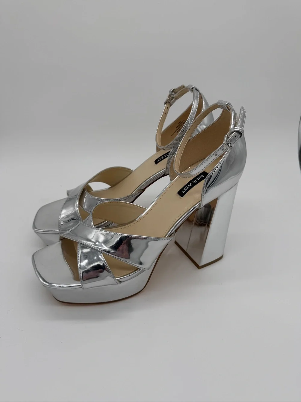 Nine West Vicky Metallic Platform Sandals Silver Heels- 10M